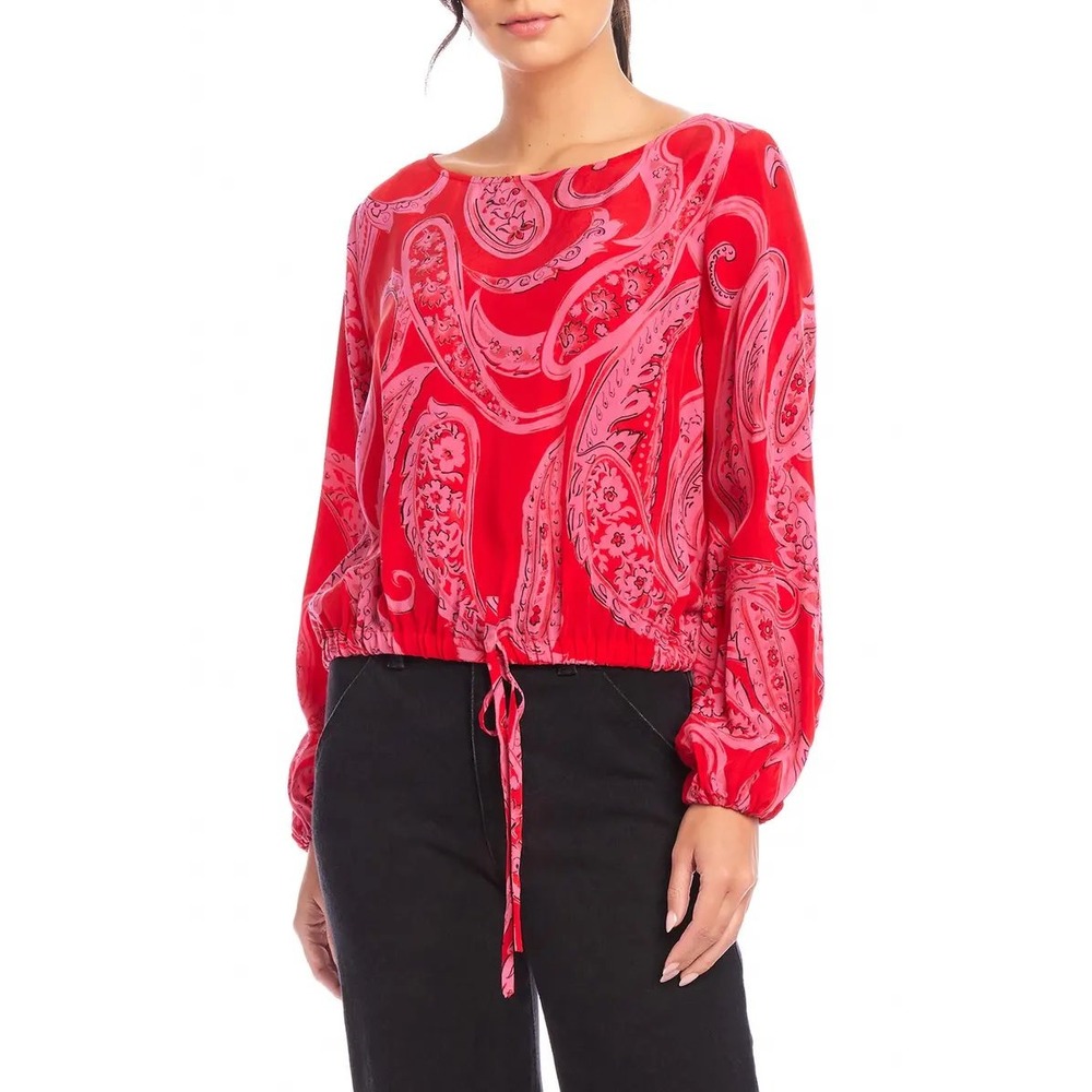 Fifteen Twenty Claudine Drawstring Top Womens S Red‎ Paisley Boat Neck